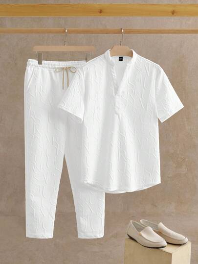 HIMLAND Loose Men's Notched Neck Top & Drawstring Waist Pants Set, Old Money, Cozy Outfits