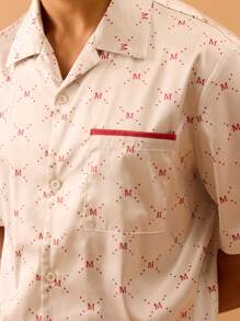 Musero Camisa de satén con bolsillo delantero y detalles de botones, de manga corta, con monograma, para verano, , vacaciones y playa - Multicolor - Ver 5