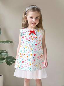 女孩可爱休闲时尚圆领无袖A字短款碎花下摆小碎花迷你太阳裙彩色花朵装饰连衣裙 - 白色 - 查看 3