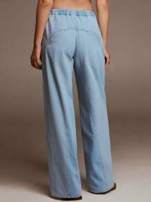 SHEIN Forever 21 女士夏季新款松紧腰宽松休闲条纹牛仔长裤 - 淺色水洗藍 - 查看 2