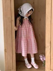 DAZY Vestido casual de niña joven con cuello redondo, sin mangas, con volantes en el bajo y rayas de verano
