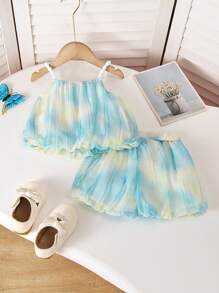 2 件套女婴夏季韩版甜美套装，幼儿女孩新款时尚吊带上衣和短裤 - 彩色 - 查看 2