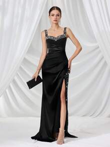 Coutiva Women's Crystal Embellished Ruffle Open Slit Maxi Formal Evening Dress Luxurious Women's Evening Dresses Black Dress Soft Dress Summer Dress Sequin Dress, Party Dress, Gown, For Wedding Guest - Black - View 7