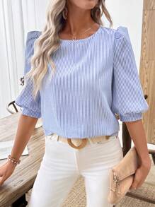 EMERY ROSE Women's Striped Lantern Sleeve Loose Casual Blouse, Summer - Blue and White - View 4