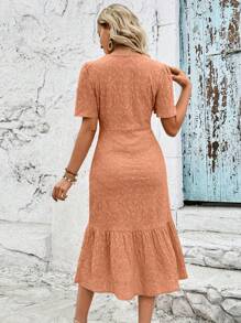 SHEIN Clasi Hollow Out Embroidered Button Up Dress With Ruffle Hemline Maxi Women Outfit - Khaki - View 2