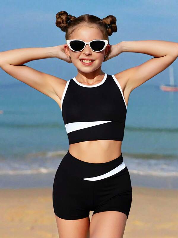 Conjunto de tankini con cuello redondo y volantes para niñas preadolescentes