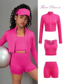 SHEIN Girlism Tween Girl 3pcs Set: Long Sleeve Mock Neck Zip-Up Top, Tank Top, And Sports Leggings