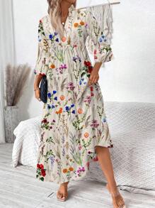 SHEIN LUNE Vestido de manga larga acuchillado con estampado floral acuarela con cuello en V, adecuado para primavera/verano