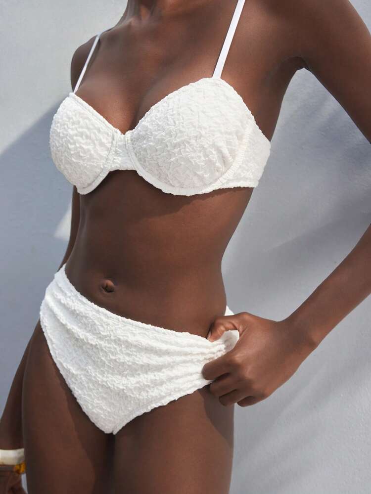 SHEIN Maija Women Solid Color Spaghetti Strap Textured Fabric Summer Fashion Bikini Set, All White,Beach Vacation Outfits