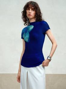 Arave Women's Pleated Tie-Dye  Floral Print High Collar Slim Fit Short Sleeve Elegant Commuting Top,Summer Outfits For Women,Summer Tops,Graphic Tees,Women Summer Clothes,Going Out Tops Women,Summer Tops For Women,Cute Summer Top,Rave Outfits,Blue Top,Cute Tops,Summer Tops Women,European Summer, Blue Top Women, Blue Flower Top, 3d Flower Top, Knit Top Women, Mesh Tops For Women - Blue - View 3