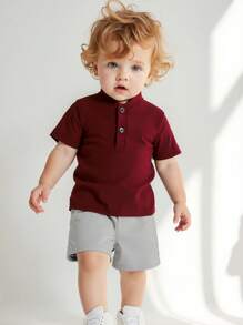 SHEIN Playful Pals 2 件套男婴优雅简约立领短袖 T 恤和撞色裤子全套，适合夏季 - 彩色 - 查看 1