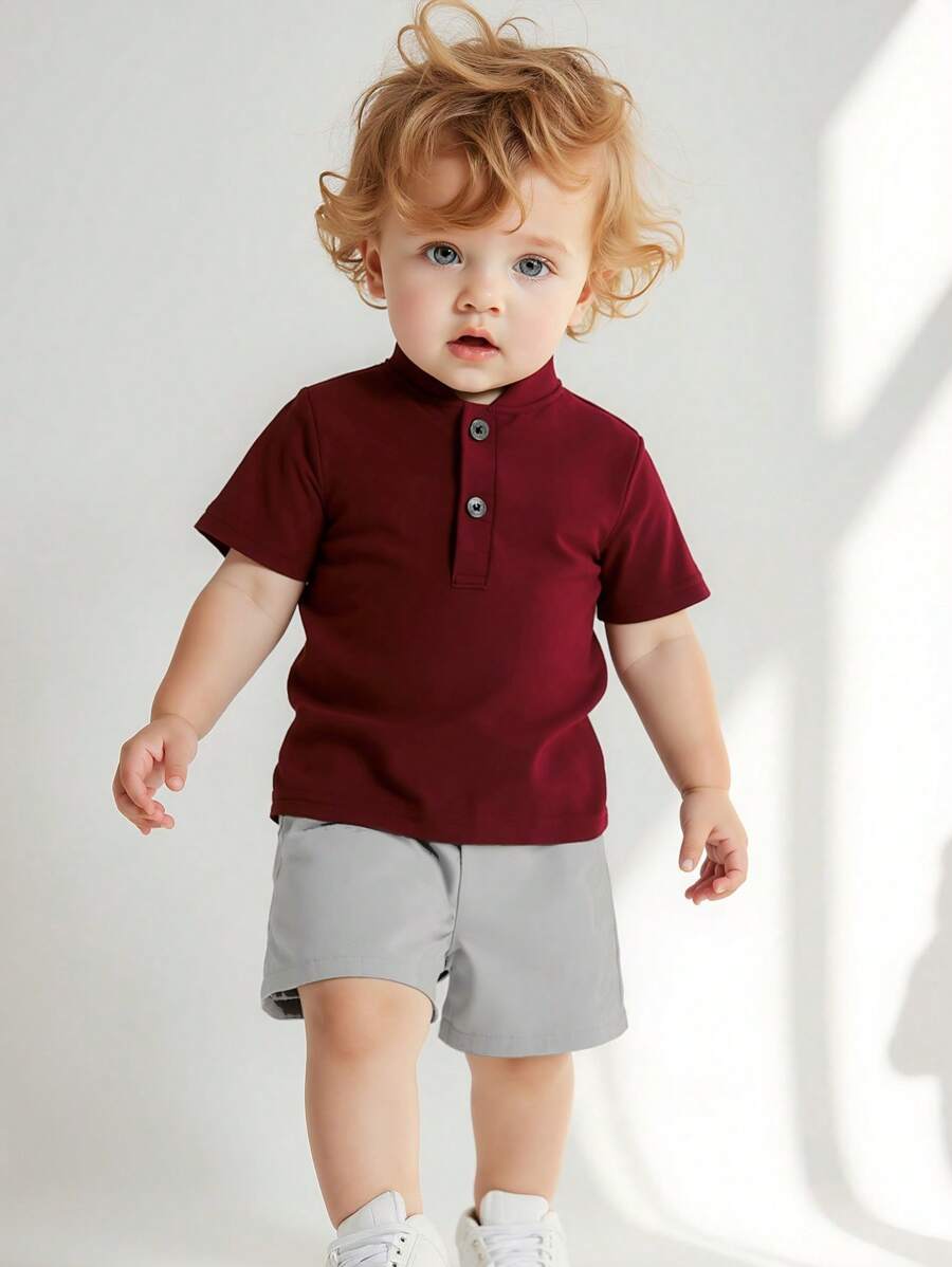 SHEIN Playful Pals 2 件套男婴优雅简约立领短袖 T 恤和撞色裤子全套，适合夏季 - 彩色 - 查看 1