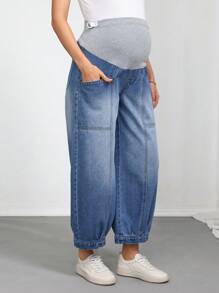 SHEIN Maternity Stretch Patchwork Casual Summer Jeans With Pockets, Fashionable Tapered Denim Jeans Summer Festival Barrel Jeans - Medium Wash - View 4