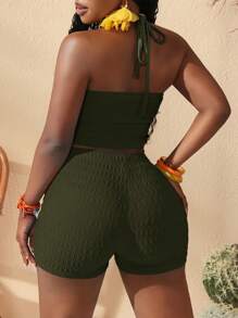 Slaydiva 新款女式纹理音乐节复活节纳什维尔生日毕业学生日常休闲度假百搭性感背心和短裤套装，春夏 - 橄欖綠 - 查看 2