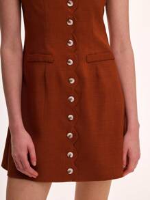 SHEIN Unity Gaun Mini Wanita Elegan Romantis Tanpa Lengan Leher Bulat dengan Kancing Depan, Musim Panas - Coklat - View 5