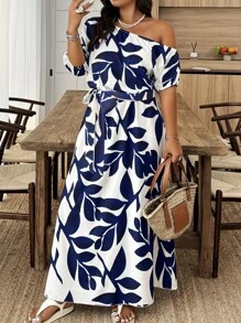 Weeklong Plus Size Summer Elegant Floral Print Asymmetric Shoulder Dress, Asymmetrical Floral Cutout - Multicolor - View 1