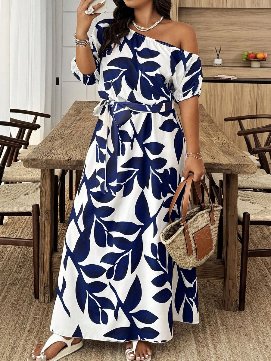 Weeklong Plus Size Summer Elegant Floral Print Asymmetric Shoulder Dress, Asymmetrical Floral Cutout - Multicolor - View 1