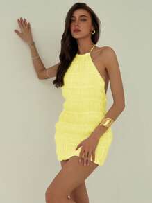 Aloruh Spring & Summer Vacation Romantic Date Halter Backless Sexy Mini Textured Ruched Yellow Dress For Women,Bodycon Dress - Yellow - View 5