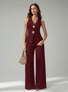 SHEIN Tall 2pcs/Set Women Casual Sleeveless Open Front Vest And Pants Set - Burgundy - View 3