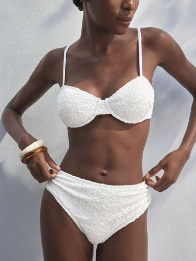 Maija Women Solid Color Spaghetti Strap Textured Fabric Summer Fashion Bikini Set, All White,Beach Vacation Outfits