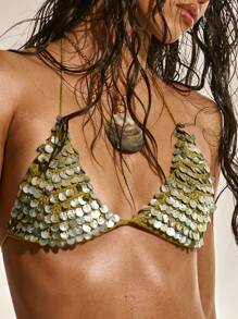 Musera Resort 针织炫彩贝壳吊带三角比基尼上衣套装（仅上衣）沙滩泳装度假夏季假日可爱性感伊比沙岛优雅节日锐舞波西米亚亮片春季 - 橄欖綠 - 查看 2