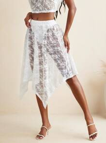 Oxana Handkerchief Hem Full White Lace Transparent Sexy Women Skirt Boho Summer Holiday Beach