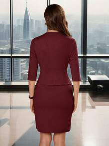 Ellevyn 2pcs/Set Women Sequined Party Dress And Fitted Short Sleeve Jacket Outfit - Burgundy - View 11