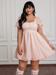 Flirla 大码优雅可爱粉色甜美方领短袖连衣裙 - 粉色 - 查看 4