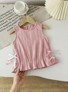 SHEIN 女婴 0-3 岁休闲日常无袖纹理针织波浪条纹上衣，带侧边蝴蝶结，春夏 - 粉色 - 查看 3