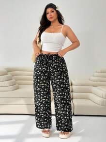 SHEIN EZwear 女式加大码度假风碎花宽松阔腿裤，带口袋 - 彩色 - 查看 3