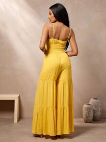 Vixey Yellow Solid Shirred Waist Layered Tiered Cami Strap Jumpsuit, Beach Outfits For Woman, Beach Vacation Outfits, Beach Essentials,  Women Summer Clothing
