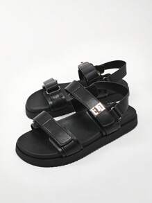 Solezae 畅销女式奢华金色锁扣可调节绑带露趾软鞋床厚底 PU 黑色凉鞋 - 舒适百搭，奢华魅力