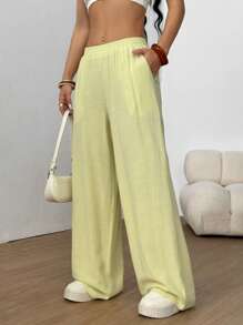 SHEIN EZwear Solid Slant Pocket Linen Wide Leg Pants,Cargo Pants - Lime Green - View 5
