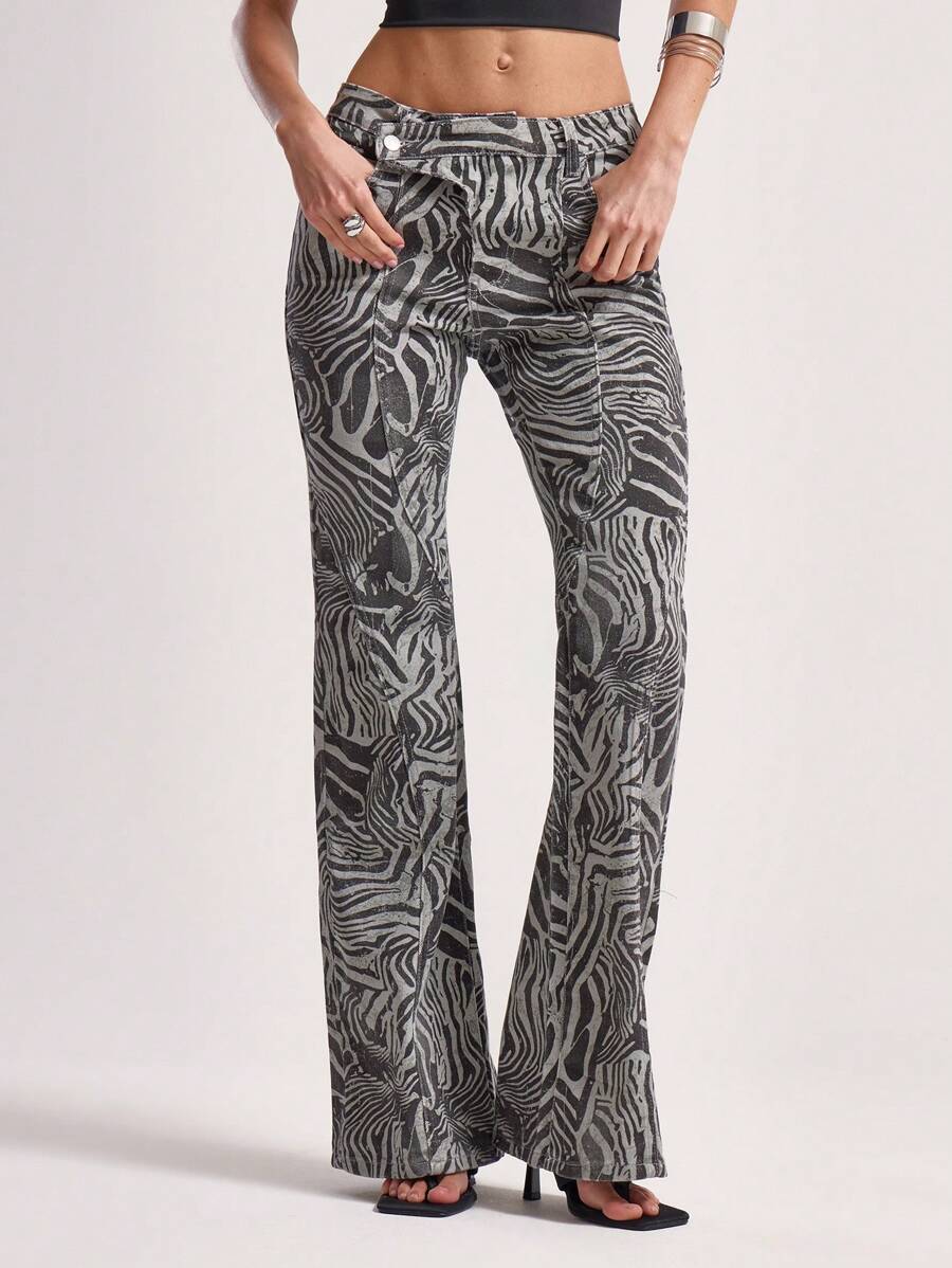 MUSERA Asymmetric Button Waist Patchwork Zebra Spring Summer Cute Sexy Fun Festival Cool Girl Denim Jeans Holiday Outfits Summer Outfits Y2K Animal Print Ibiza Concert Chic - Black - View 1