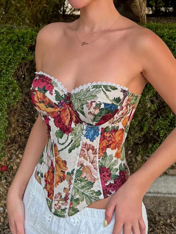 Swim Lushoire French Sexy Romantic Jacquard Floral Lace Trim Boned Underwire Tie-Front Bodysuit For Women