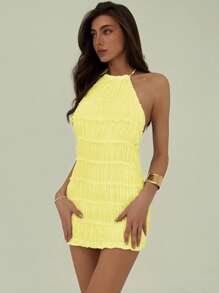Aloruh Spring & Summer Vacation Romantic Date Halter Backless Sexy Mini Textured Ruched Yellow Dress For Women,Bodycon Dress - Yellow - View 4