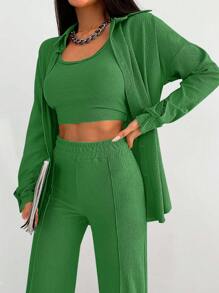 EURMUSE Solid Drop Shoulder Shirt & Trousers - Green - View 6