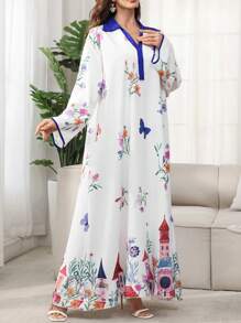 Al Najma 女式宽松长袖衬衫领数码印花连衣裙，端庄 - 彩色 - 查看 2