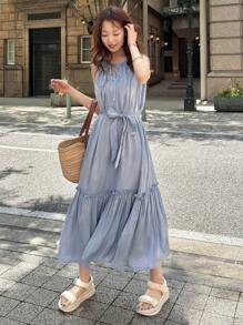 FRIFUL 女士缎面无袖抽绳蝴蝶结A字荷叶边宽松中长连衣裙 女士休闲连衣裙 女士生日连衣裙 女士夏季服装 女士夏季工作装 夏季连衣裙 吊带裙 - 藍色 - 查看 6