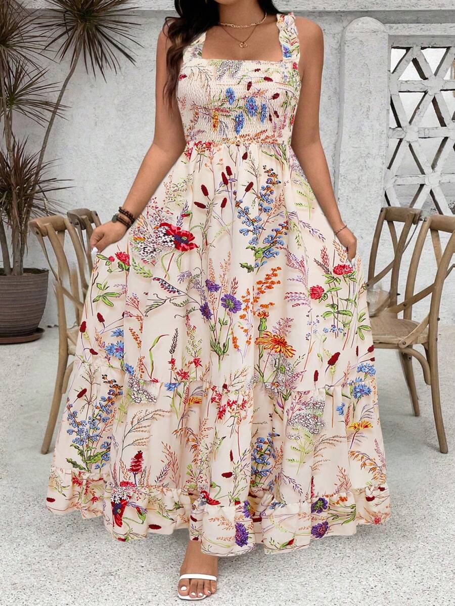 Vestido largo de tirantes finos con estampado floral, volantes en el bajo y busto ajustable para mujer talla grande - Morado - Ver 1