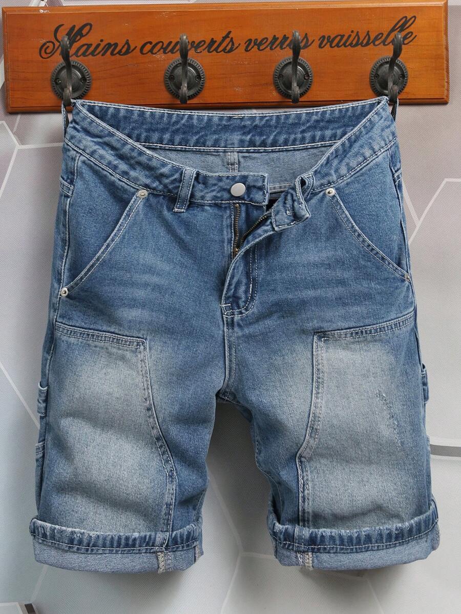 Manfinity Homme Plus Size Men's Summer Casual Zip Front Slant Pocket Denim Shorts - Blue - View 1