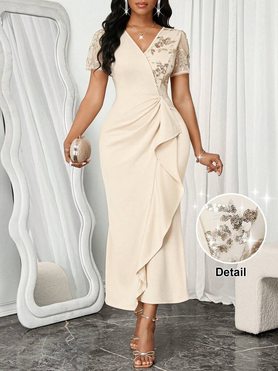 SHEIN Lady Spring And Summer Elegant Beige Knitted V Neck Mermaid Slit Contrast Mesh Sequin Embroidery Patchwork Ruffle Hem Long Dress Dresses Classy Elegant Birthday&Event Dresses /Office Dresses /Church Dresses/Wedding Dresses /Holiday Dresses / Birthday Dresses For Women Festival Butter Yellow / Butter Yellow Dress Business Casual Woman