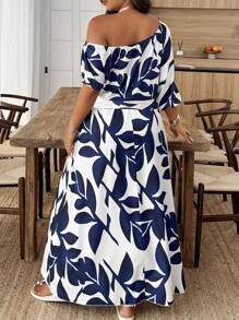 Weeklong Plus Size Summer Elegant Floral Print Asymmetric Shoulder Dress, Asymmetrical Floral Cutout - Multicolor - View 2
