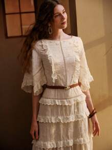 MOTF PREMIUM EMBROIDERY RUFFLE HEM MID-LENGTH DRESS - Apricot - View 9