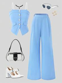 SHEIN Set de 2 piezas de top corto de tirantes de unicolor y pantalones rectos para chica adolescente, conjunto casual de verano