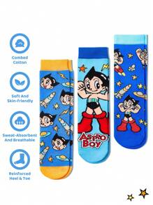 Astro Boy X SHEIN 3 Paar Baumwoll Kinder Socken mit süßen Cartoon Motiven, feuchtigkeitsableitend, atmungsaktiv und weich, Mittelhöhe, verstärkte Zehen und Fersen für Haltbarkeit, geeignet für alle Jahreszeiten, Schule und Alltag, blau