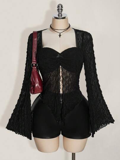 SHEIN ICON Camiseta sexy de cuello cuadrado, plisada, de manga acampanada, estilo jacquard de punto, apropiada para el verano, estilo Y2K, talla grande