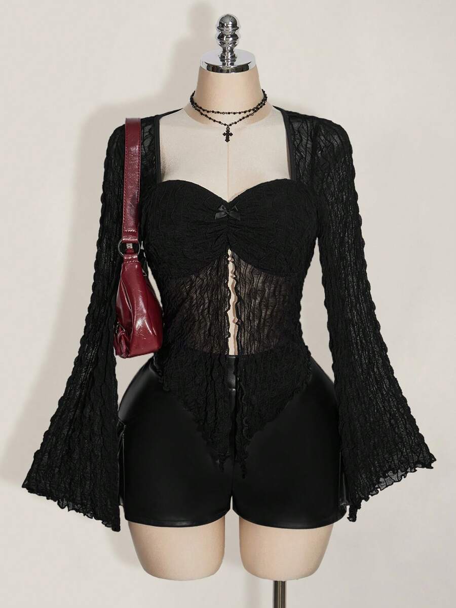 SHEIN ICON Plus Size Knitted Jacquard Flared Sleeve Pleated Square Neck Sexy T-Shirt, Knit Top, Suitable For Summer, Y2K Style