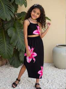 2pcs/Set Young Girls Floral Print Camisole Top And Elastic Waist Fitted Skirt, Casual Outfit Suitable For Daily, Beach, Vacation, Summer Summer Holiday - Black - View 7