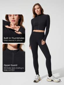 GLOWMODE FeatherFit™ Studio Stamina Swea -Wicking Slim Fit Long Sleeve Thumbholes Cropped Zip Active Jacket Low Impact Yoga Pilates Studio Daily Casual Wear